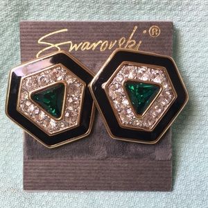 80s earrings,SAL Swarovski,clip-on, green, 1 1/4” diameter